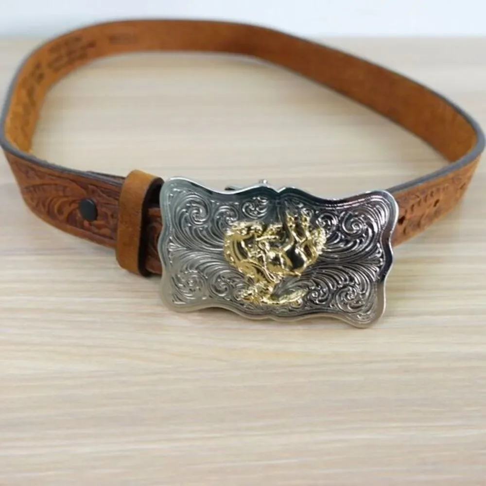Western Top Grain Leather Belt‎ XS 28 JUSTIN Brown Tooled Rodeo Cowboy Buckle
